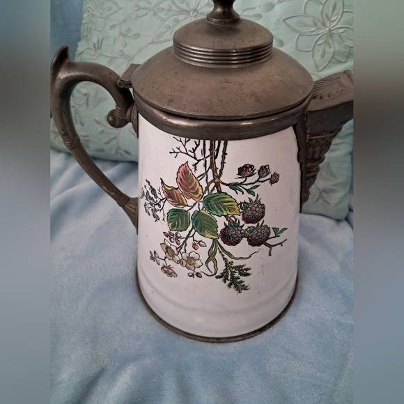 Antique Graniteware Enamel Pewter Coffee Pot Manning Bowman 9 3/4" - Picture 4 of 10